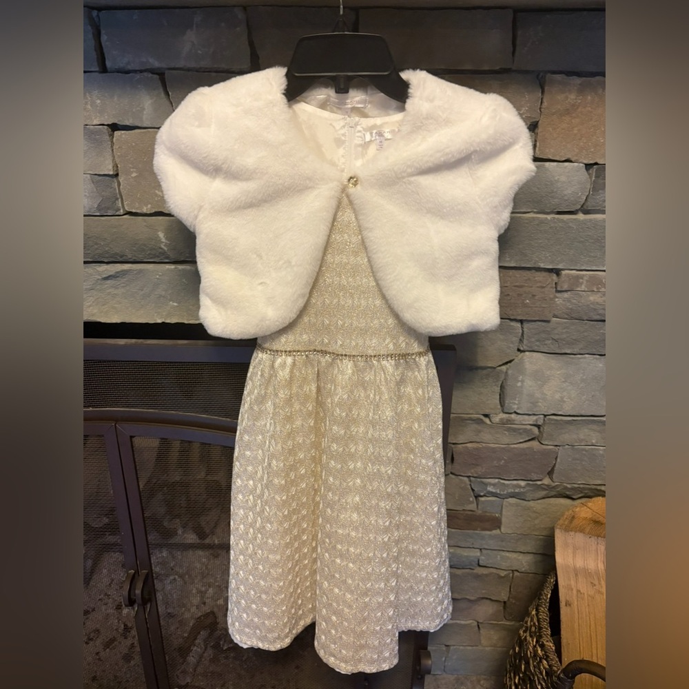 Tahari Gold Dress and Soft White Shrug - youth 10 - perfect for wedding!